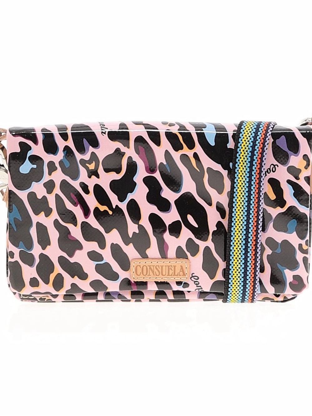 Consuela Pink Leopard Crossbody Wallet with Multicolor Strap